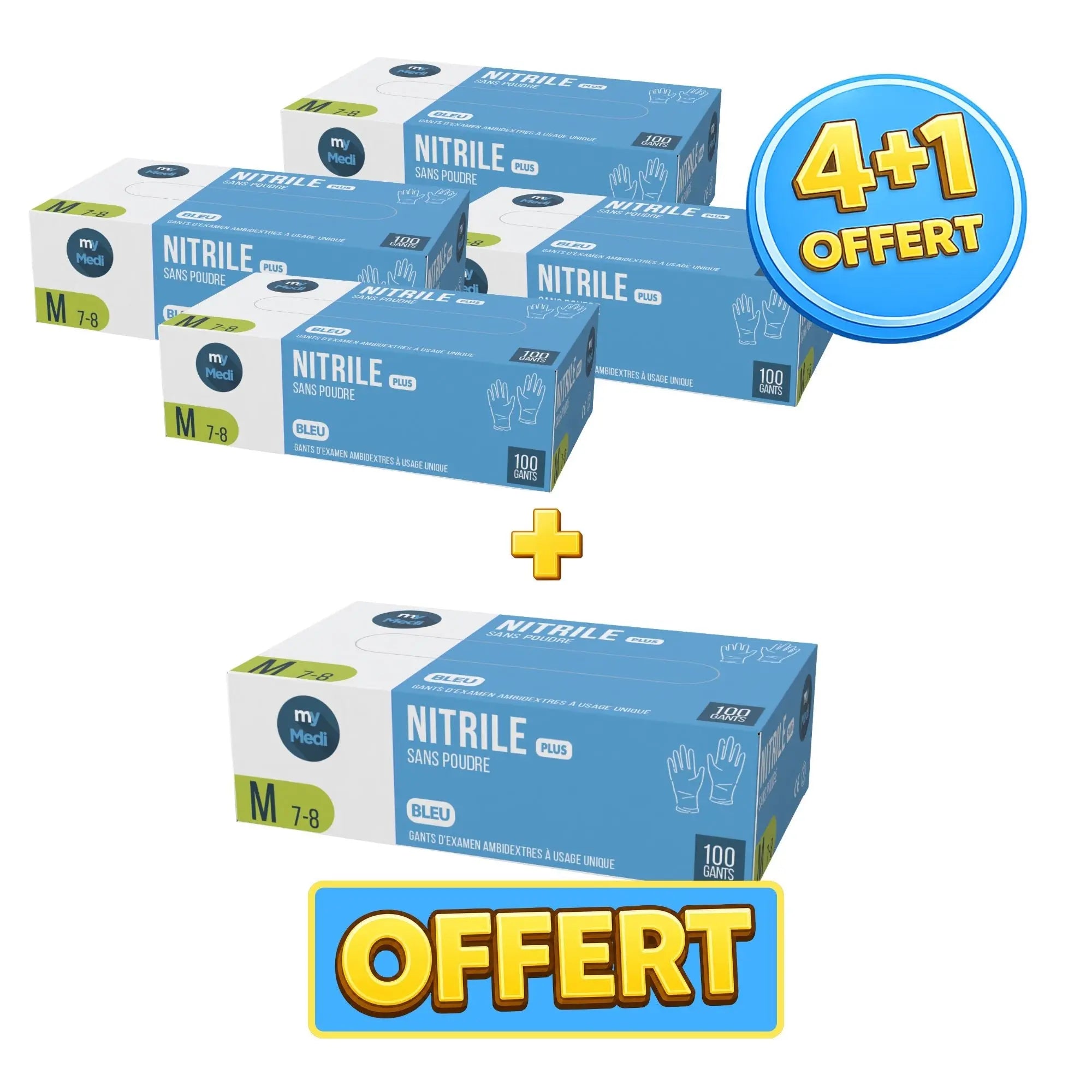 Pack 4+1 boîtes de 100 gants d'examen - Nitrile - Sans poudre - Ambidextres - My Médical My Medical 